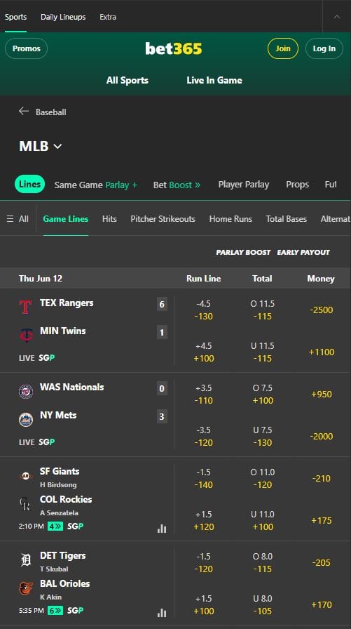 Screenshot of Bet365 MLB Odds