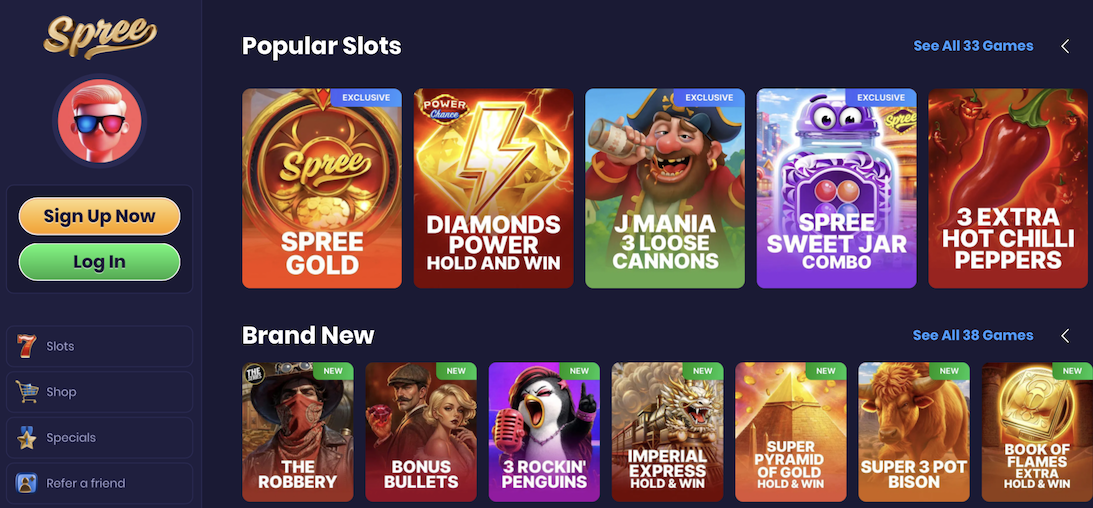 Spree Social Casino Landing Page with Games Icons