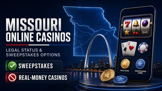 Missouri online casinos graphic with the Gateway Arch and sweepstakes gaming options.