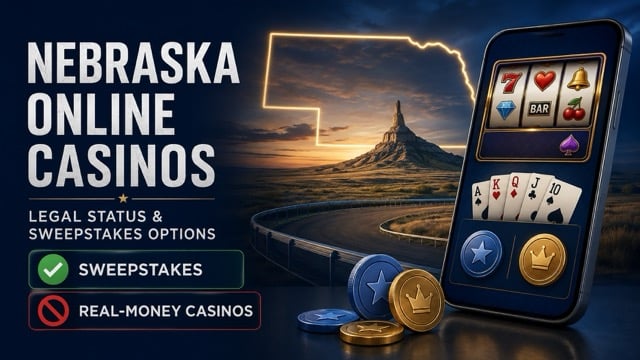 Nebraska online casinos graphic with Chimney Rock and sweepstakes gaming options.