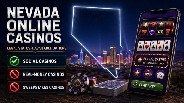 Nevada online casinos graphic with a Las Vegas skyline and social casino options.