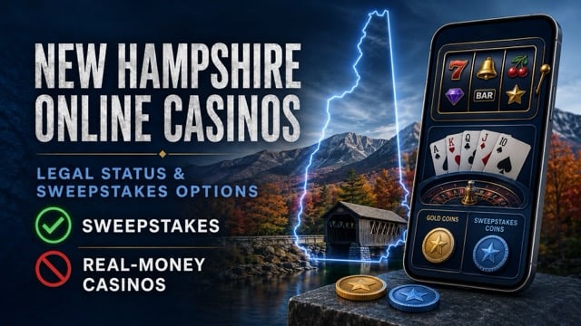 New Hampshire online casinos graphic with the White Mountains and sweepstakes gaming options.