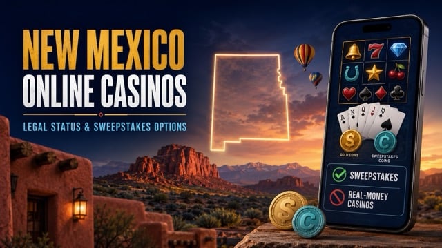 New Mexico online casinos graphic with desert mesas and sweepstakes gaming options.