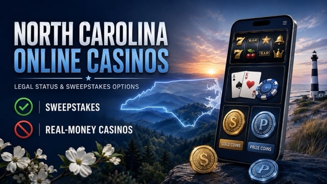 North Carolina online casinos graphic with mountains, a lighthouse, and sweepstakes options.