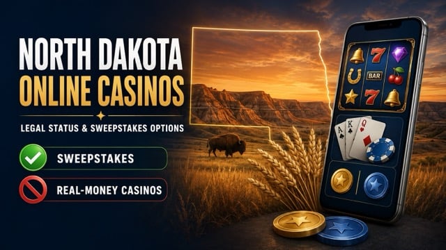 North Dakota online casinos graphic with Badlands, wheat, a bison, and sweepstakes options.