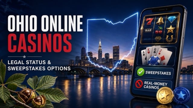 Ohio online casinos graphic with a city skyline, buckeyes, and sweepstakes options.