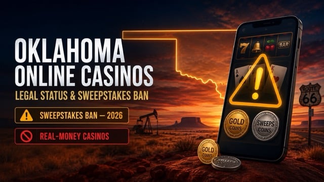 Oklahoma online casinos graphic highlighting the 2026 sweepstakes ban.
