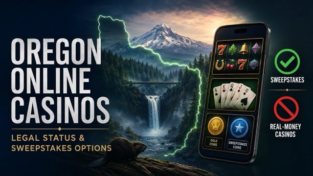Oregon online casinos graphic with Mount Hood, a waterfall, forest, and sweepstakes options.
