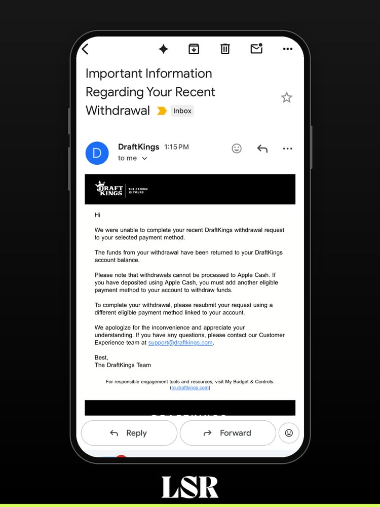 DraftKings Predictions Apple Cash withdrawal rejected email
