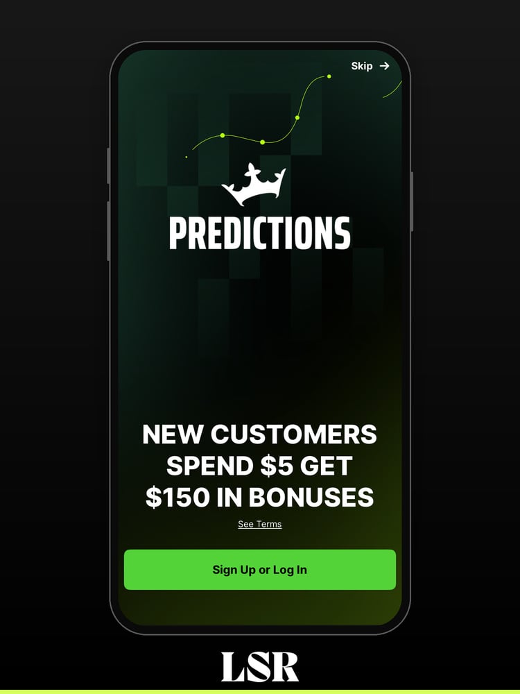 DraftKings Predictions app welcome screen with spend 5 get 150 offer