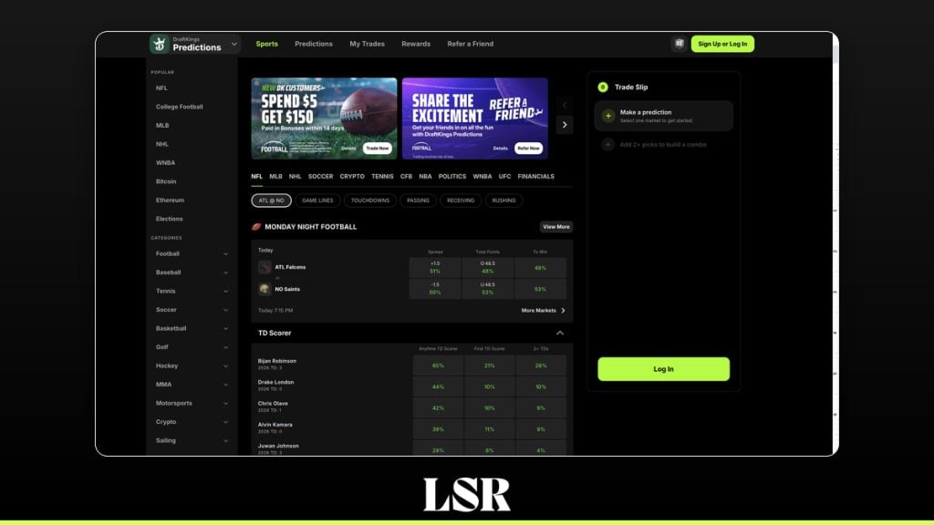 DraftKings Predictions homepage with sport and category navigation