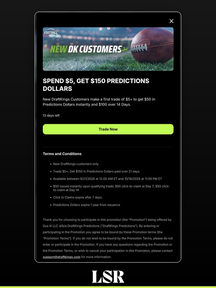 DraftKings Predictions spend 5 get 150 predictions dollars promo terms
