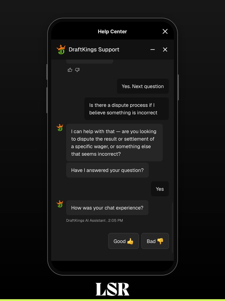 DraftKings Predictions support chatbot dispute process question