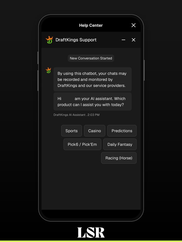 DraftKings Predictions support chatbot product picker