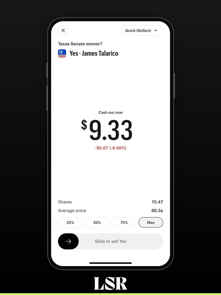 Kalshi Texas Senate James Talarico cash out screen
