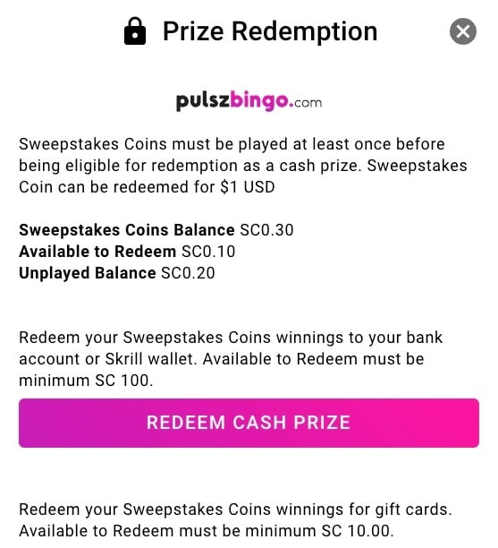 Pulsz Bingo prize terms